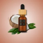 Core Soul CBD Oil with coconut, featuring a sleek amber bottle and natural coconut elements, highlighting the organic coconut-infused CBD product with a calming essence.