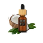 Core Soul CBD Oil with coconut on a white background, displaying an amber bottle with coconut and green leaves, representing the natural, coconut-infused CBD product designed for wellness and relaxation.