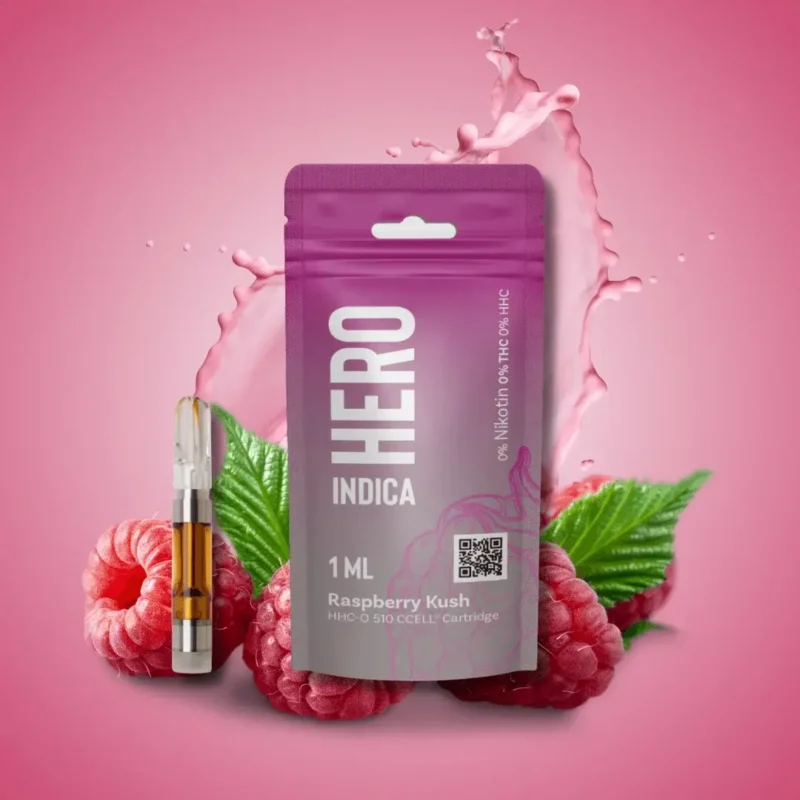 HERO INDICA 1ML Raspberry Kush HHC-O 510 CCELL Cartridge with colored background and fruit illustrations