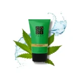 Code Fast Crema de CBD de alto rendimiento en tubo verde con hojas de cáñamo y salpicadura de agua, que representa el cuidado de la piel con CBD de primera calidad para la hidratación y el bienestar con propiedades antiinflamatorias y calmantes y mentoladas.