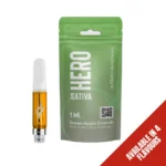 Hero Sativa HHC-O 1ml Vape Patrone in Green Apple Crunch Geschmack mit 510 CCELL Technologie, neben der grünen Verpackung angezeigt. Erhältlich in 4 Geschmacksrichtungen.