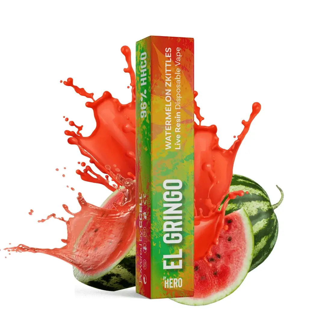 96% HHCO Vape El Gringo By Hero Watermelon Zkittles flavor and white background with melon splash illustration