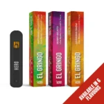 Hero El Gringo live resin disposable vape device with packaging for flavours Watermelon Zkittlez, Berry Gelato, and Hawaiian Snow, containing 96% HHCO. Available in 6 flavours.