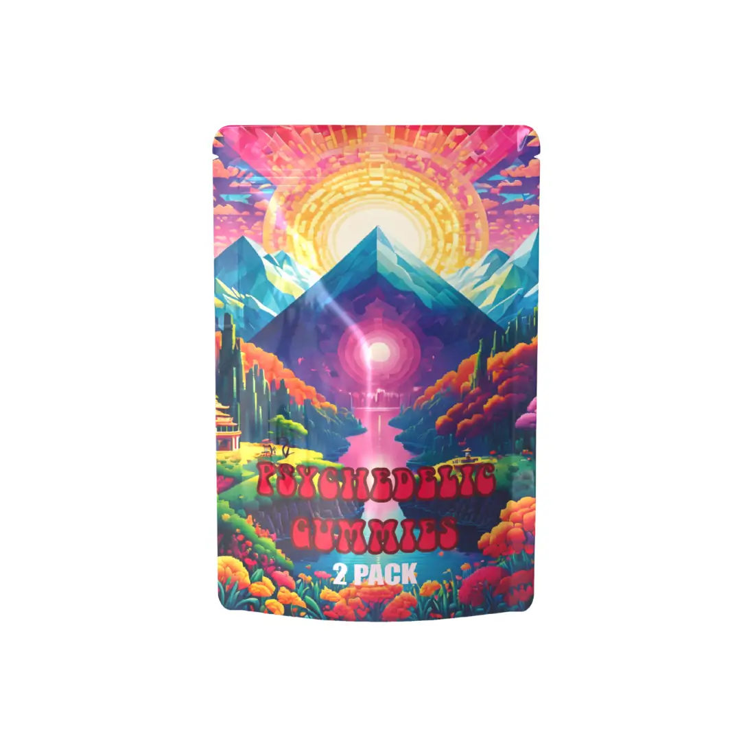 Psychedelic Gummies packaging with vibrant, colourful design featuring a mountainous landscape, sunburst sky, and surreal artistic elements; labelled '2 Pack'.