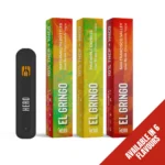 Hero El Gringo live resin disposable vape device with packaging for flavours Watermelon Zkittlez, Pineapple Express, and San Francisco Valley, featuring 10% THCP + HHCO. Available in 6 flavours.