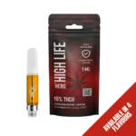 Hero High Life 1ml live resin vape cartridge in Hawaiian Snow Sativa flavour with 15% THCH, third-party tested, displayed with red packaging. Available in 4 flavours.