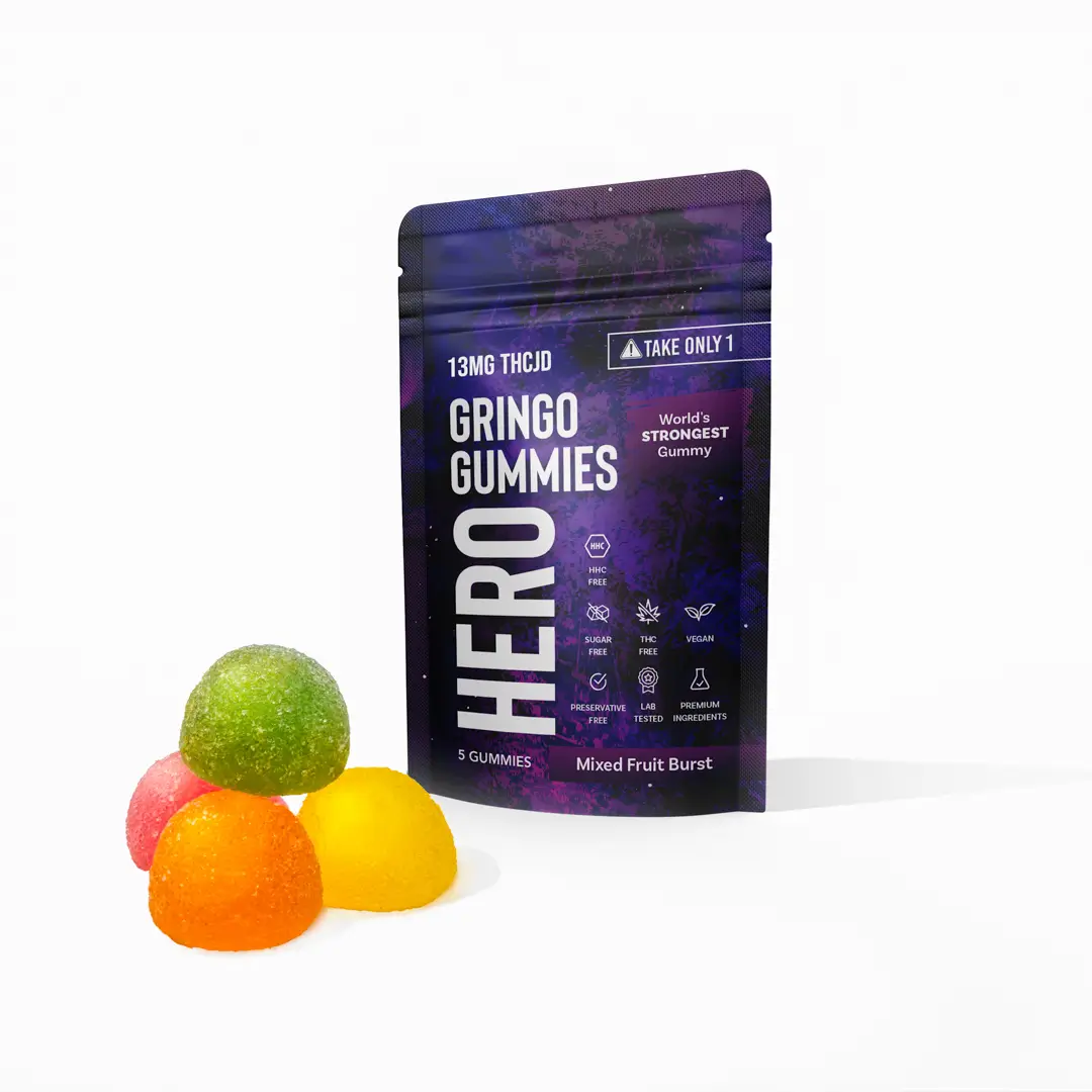 HERO Gringo Gummies with 13mg THCJD, mixed fruit burst flavour, labelled as 'World's Strongest Gummy,' featuring dark-themed packaging with vegan, sugar-free, and preservative-free properties