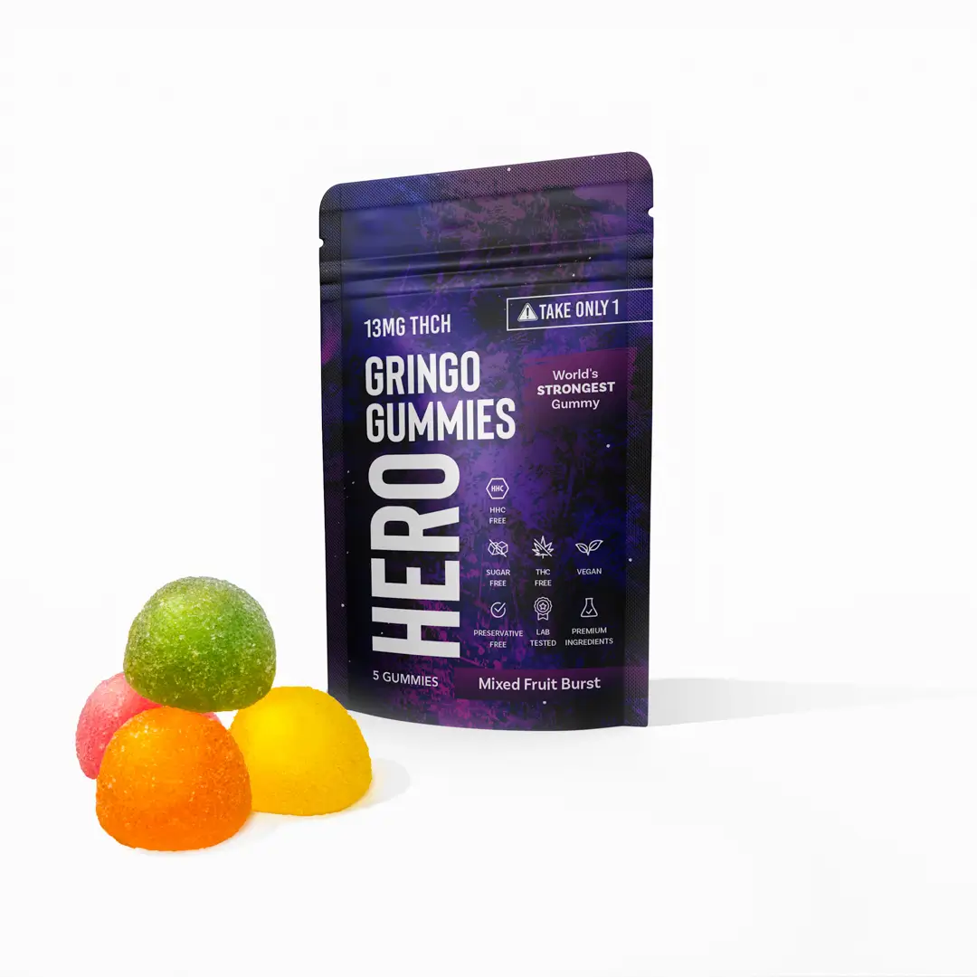 HERO Gringo Gummies with 13mg THCH, mixed fruit burst flavour, labelled as 'World's Strongest Gummy,' featuring vibrant packaging with sugar-free, vegan, and preservative-free attributes