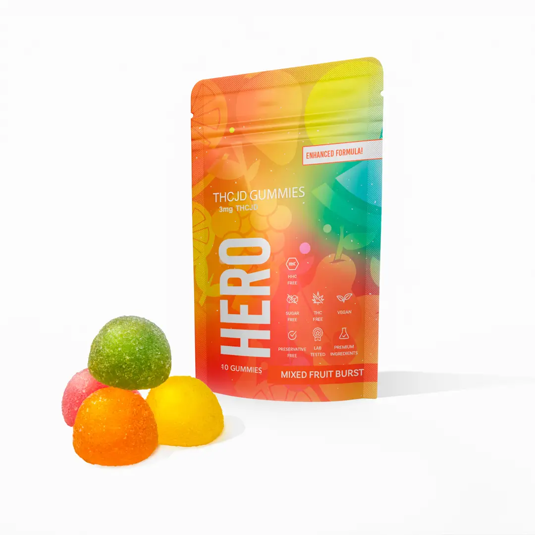 HERO THCP Gummies with 3mg THCJD, mixed fruit burst flavour, featuring colourful gummy candies and enhanced formula packaging, vegan and preservative-free