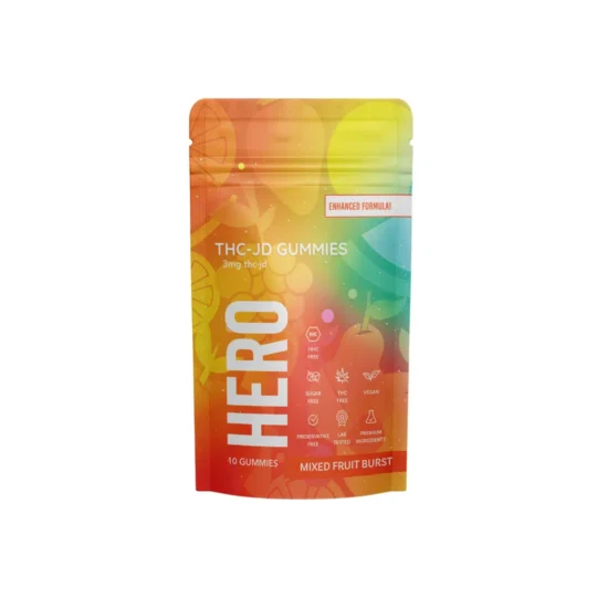 Hero THC-JD gummies, confezione da 10 pezzi, gusto burst di frutta mista con 3 mg di THC-JD per gommina, formula potenziata, caratterizzata da una confezione colorata con certificazioni HHC-free, THC-free, vegana e testata in laboratorio.