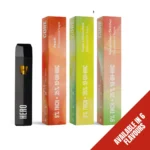 Vapeador desechable Hero Core con envase para los sabores Peach, Super Lemon Haze y Watermelon Skittlez, con 9% THCH + 35% 10-OH HHC. Disponible en 6 sabores.