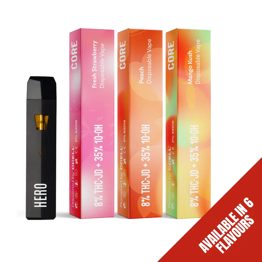 Hero Core disposable vape device with packaging for flavours Fresh Strawberry, Peach, and Mango Kush, featuring 8% THC-JD + 35% 10-OH. Available in 6 flavours.