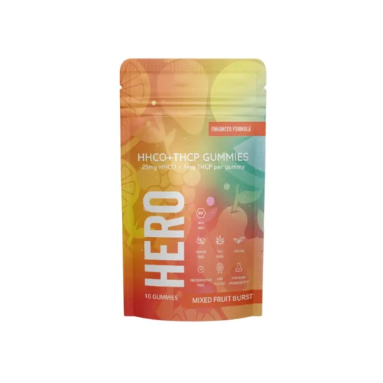 Hero HHCO + THCP gummies, confezione da 10 pezzi, gusto burst di frutta mista con 25 mg di HHCO e 1 mg di THCP per gommina, formula potenziata, caratterizzata da una confezione colorata con certificazioni HHC-free, THC-free, vegana e testata in laboratorio.