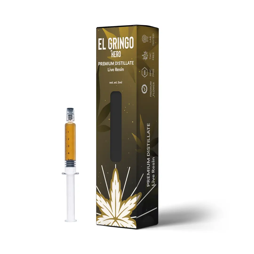 El Gringo HERO premium distillate live resin with 5ml syringe and sleek packaging, showcasing high-quality THC extract for refined cannabis experience