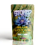 Stoned To Go Blue Lotus Gummies in apple flavour by Cannashock, featuring a 6000mg package with psychedelic patterns and a prominent blue lotus flower, emphasizing a refreshing and intense edible experience.