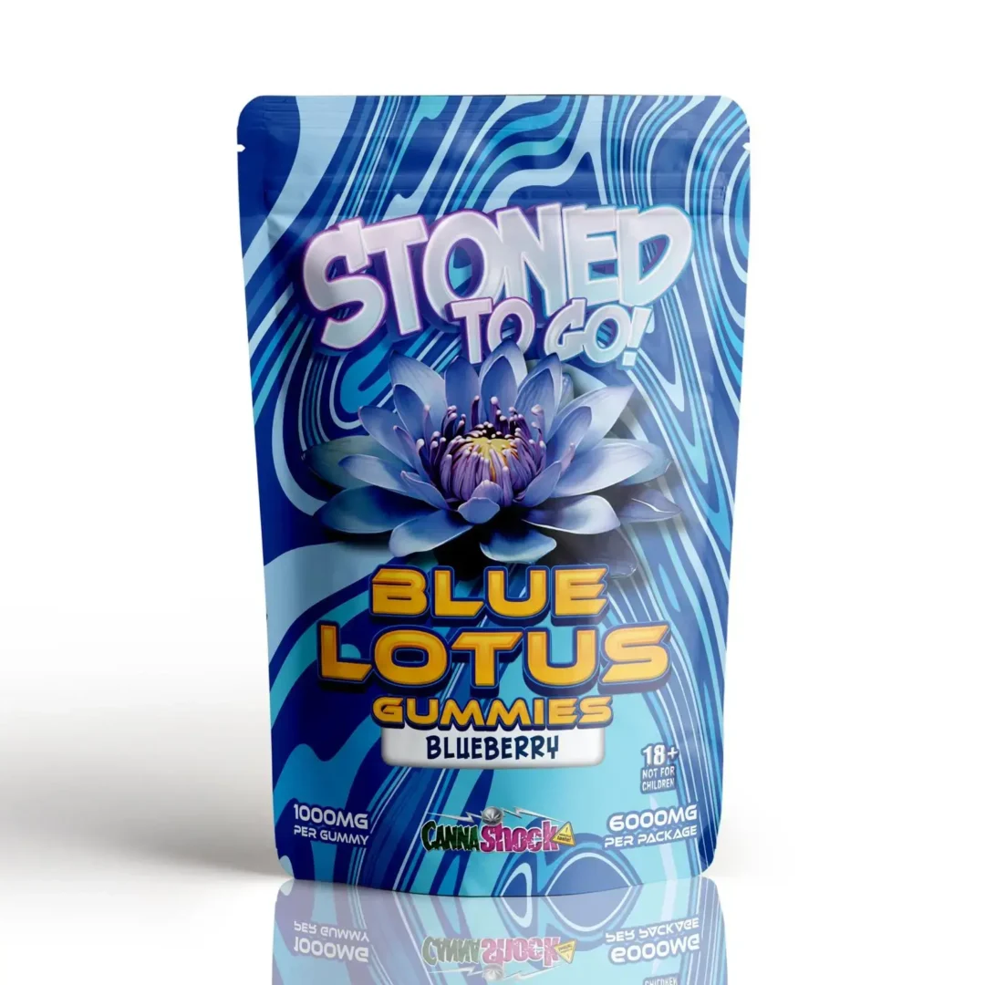 Stoned To Go Blue Lotus Gummies in blueberry flavour by Cannashock, featuring a 6000mg package with psychedelic patterns and a prominent blue lotus flower, emphasizing a refreshing and intense edible experience.