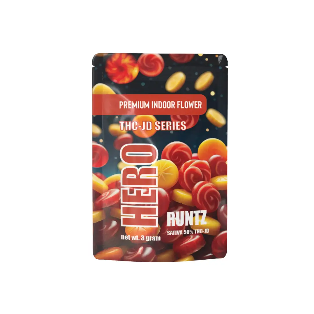 Hero Runtz THC-JD series premium indoor flower, 3-gram pack, featuring vibrant packaging with red and yellow candy-like visuals, highlighting Sativa 50% THC-JD content.