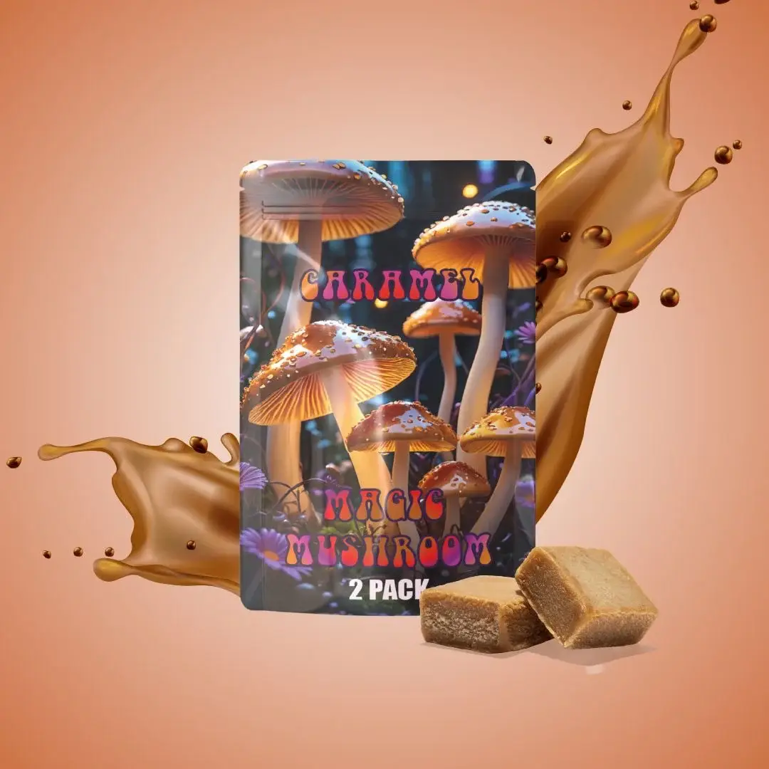 HERO Magic Mushroom Gummies in Caramel flavour, 2-Pack featuring vibrant packaging with a colourful mushroom design and a splash of caramel, showcasing caramel fudge-shaped gummies