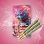 El Gringo Limited Edition Premium Hydro Buds en sabor Blue Sushi, mezcla híbrida 10% THC, con un llamativo envase con un diseño de criatura de fantasía, acompañado de tres porros pre-laminados RAW.