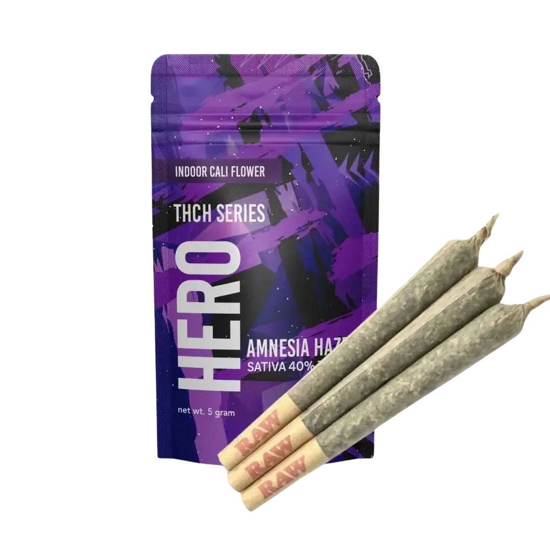 HERO THCH Series Indoor Cali Flower in Amnesia Haze flavour, 5-gram pouch with Sativa 40% blend, accompanied by three pre-rolled joints using RAW branded paper