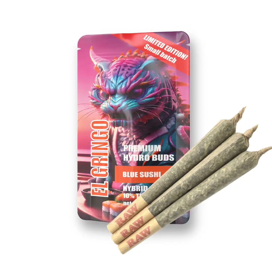 El Gringo Blue Sushi Limited Edition Premium Hydro Buds packaging with vibrant cat artwork, accompanied by three RAW-branded pre-rolled joints, showcasing a small batch hybrid blend with 10% THC.