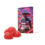 HERO Magic Mushroom Gummies in der Geschmacksrichtung Kirsche, limitierte Auflage im 2er-Pack, mit roten Gummis und farbenfroher Verpackung mit futuristischer Pilz-Illustration