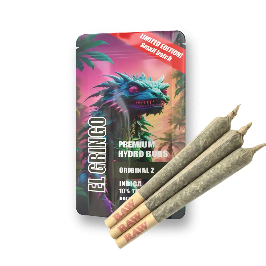 El Gringo Original Z Limited Edition Premium Hydro Buds packaging with colourful dragon artwork, accompanied by three RAW-branded pre-rolled joints, highlighting small batch Indica blend with 10% THC.