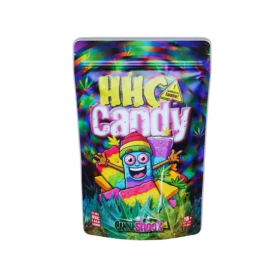 Cannashock HHC-Bonbonverpackung mit 25 mg HHC pro Bonbon, mit bunter Cartoon-Figur und lebhaftem psychedelischem Design, gekennzeichnet als Produkt mit &quot;süchtig machendem Geschmack&quot;.