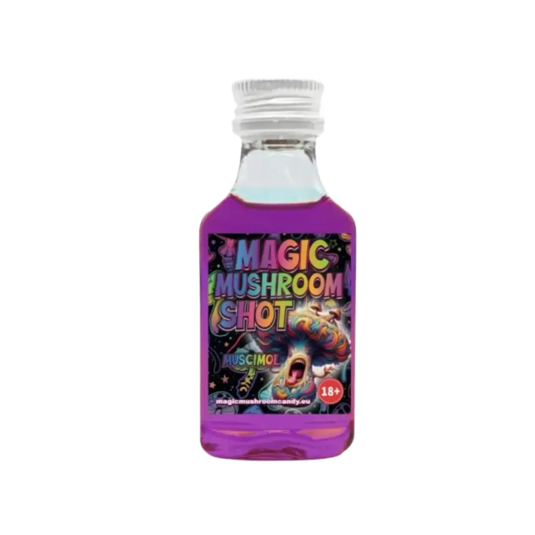 Magic Mushroom Shot with muscimol in vibrant purple liquid, featuring psychedelic mushroom artwork on the label