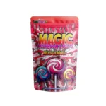 Cannashock Magic Mushroom Lolly packaging with muscimol content, featuring colourful swirled lollipops and red mushroom illustrations