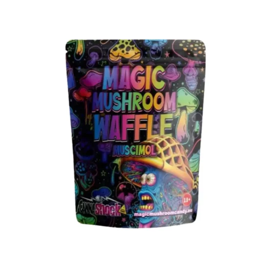 Cannashock Magic Mushroom Waffle con muscimol, con ilustraciones psicodélicas sobre setas y vibrantes colores en el envase