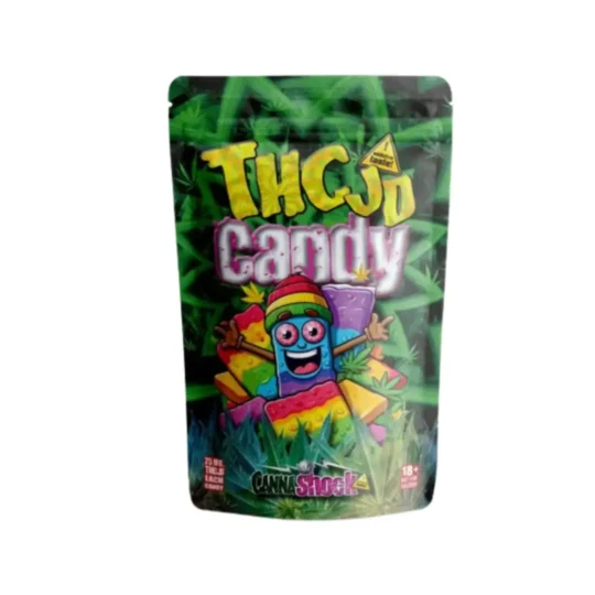 Cannashock THCJD-Bonbonverpackung mit 25 mg THC-JD pro Bonbon, mit einer bunten Cartoon-Bonbonfigur vor einem Hintergrund aus Cannabisblättern und einer Warnung vor &quot;süchtig machendem Geschmack&quot;.